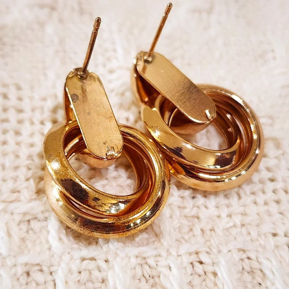 Gold Double Ring Knot Half Circle Stud Classy Office Pierced Earrings